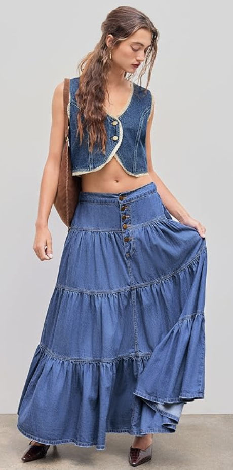 Denim Vests, High Waisted Maxi Skirt, Fall Denim, Long Jeans, Maxi Skirts, Festival Outfit, Minimalist Outfit, Casual Skirts, Concert Outfit