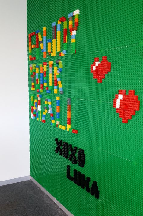 Lego Wall By Studio Luka What a great job we have! Enjoy your wall Lego Wall Mural, Minecraft Shop, Minecraft Shops, Elementary Math Classroom, Lego Wall, Kids Cafe, Interactive Walls, Lego Games, Lego Room