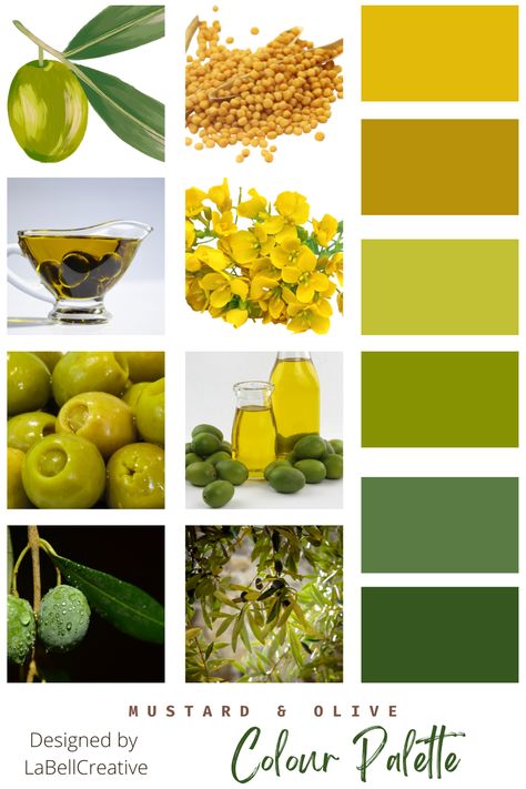 Olive Green Colour Pallete, Olive And Yellow Bedroom, Olive Mustard Color Palette, Colour Palette Mustard Yellow, Mustard Colour Palette, Food Colour Palette, Olive Green Color Combinations, Olive Colour Palette, Green Hex Codes