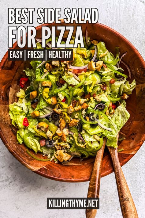 Best Side Salad for Pizza #sidesalad #pizzanight #pepperoncini #healthy #salads Salad Recipes With Pizza, Best Salads To Go With Pizza, Vegan Pizza Salad, Salad With Pizza Side, Salad To Serve With Pizza, Salad That Goes With Pizza, Salads With Pizza, Best Salad With Pizza, Salads That Go With Pizza