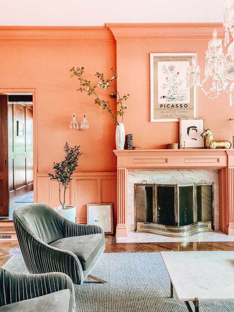 peach living room Peach Pantone, Color Durazno, Peach Walls, Accent Wall Paint, Bright Walls, Design Del Prodotto, Original Photo, Instagram Bio, Pink Walls