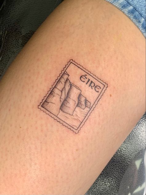 Cute Ireland Tattoos, Irish Post Stamp Tattoo, Tattoos In Irish, Ireland Postage Stamp Tattoo, Tattoos For Ireland, Erin Go Bragh Tattoo, Small Scottish Tattoo, Irish Themed Tattoos, Ireland Travel Tattoo