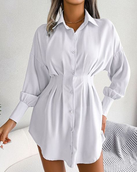 Shirt Dress https://linktr.ee/angelcollections.in Wear a shirt dress to keep things relaxed and cool. It is a loose-fitting dress with a button-down front and a shirt collar. This design is available in various lengths and occasionally has a defined waist. A shirt dress's collar and button-down front serve as its focus points. You can easily dress up or down; just pick up a pair of chunky ankle boots or sneakers, and you'll be prepared for a night on the town or at the beach!... #angelcollec... Pleated Shirt Dress, Asymmetrical Shirt, Outfit Autumn, Outfit Halloween, Dresses Casual Fall, Pleated Shirt, Jumpsuit Outfit, Inspo Outfit, Sleeves Clothing