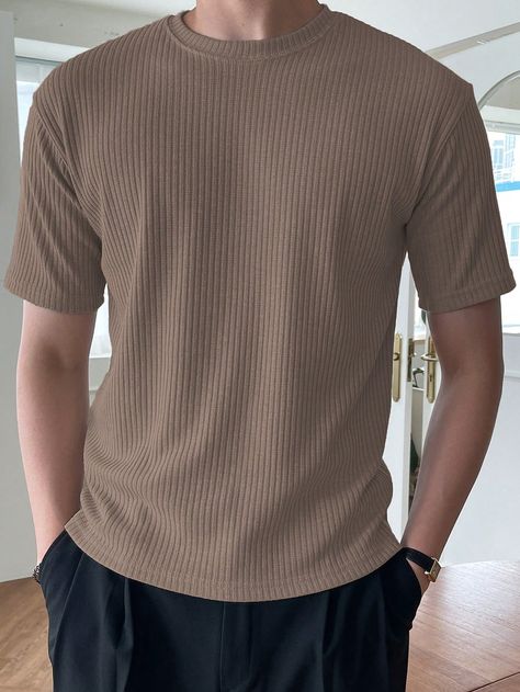 Khaki Casual Collar Short Sleeve Rib knit Plain  Embellished Non-Stretch  Men Clothing Knit Top Men, Knitted Tshirt Pattern, Knit Shirt Pattern, Young Mens Fashion, Mens Casual Outfits Summer, Ribbed Shirt, Mens Casual Dress Outfits, Men's Knit, Catamaran