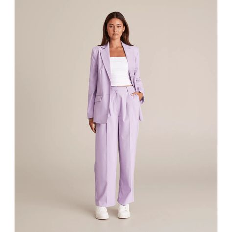 A great pair of pants to take you easily from the office to out on the town, the Lily Loves wide leg pleated pants have a structured waistband, permanent pleating down the front and a wide leg design. Model wears a size 8 Lily Loves Wide Leg Pleated Pants | Purple | Size 10 Straight Suit, Mix & Match, Suit Pants, Pleated Pants, Straight Leg Trousers, Linen Blazer, Trouser Suits, Office Outfits, Straight Leg Pants