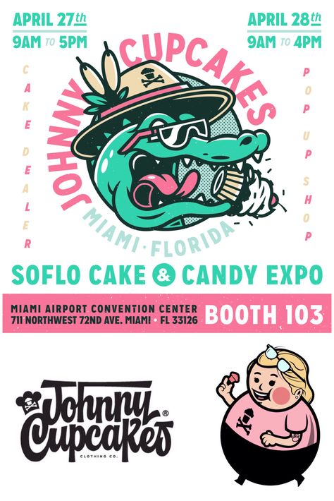 Johnny Cupcakes Florida Cake Dealer Pop-Up Shop Johnny Cupcakes Design, Indie Birthday, Sticker Cookies, Cupcakes Design, Johnny Cupcakes, Cupcake Logo, Historical Design, Graphic Tee Design, Retro Designs