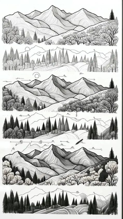 Landscape Drawing Practice, Mountain Sketch Simple, Best Drawings Sketches, Landscape Sketch Easy, Landscape Ideas Drawing, Simple Landscape Drawing, Illustrated Landscape, Coloured Sketches, Mountain Drawings