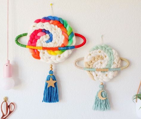 Large rainbow and medium neutral planets on the wall 🌈⭐️ . . . . #decorinspiration #fibreartist #abmlifeiscolorful #wovenart #handmadehome… Wall Charm, Art Weaving, Nursery Decor Inspiration, Crochet Mobile, Rainbow Macrame, Flower Pot Design, Weaving Wall Hanging, Big Knits, Pom Pom Crafts