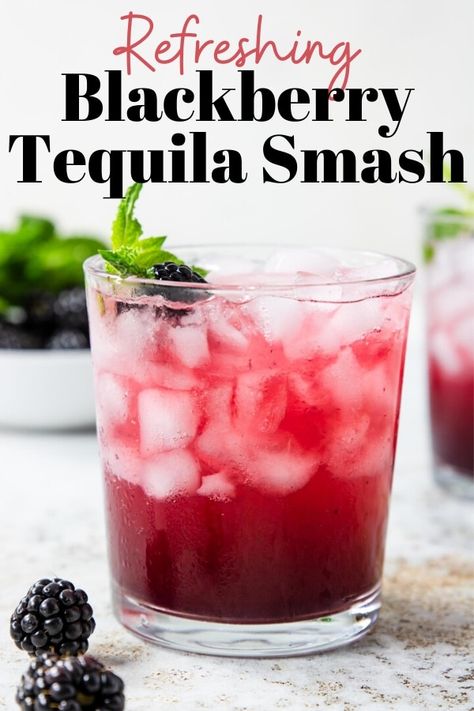 A Blackberry Tequila Smash is a fun tequila twist on a classic smash cocktail. It is a refreshing mixture of macerated blackberries, fresh mint, anejo tequila, fresh lemon juice and is topped off with a little soda water. Tequila Smash, Blackberry Smash, Bridesmaid Dresses Ivory, Pink Bouquets, Tequila Cocktail, Anejo Tequila, Cocktails Recipes, Yummy Alcoholic Drinks, Tequila Drinks