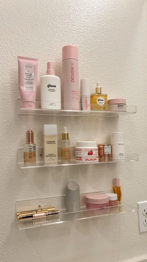 shelfie, skincare shelfie, hair care, favorite hair products, favorite skincare products, pink products, aesthetic, bathroom organization, bathroom shelf Skincare Cupboard Aesthetic, Shelf Makeup Organization, Bathroom Skincare Shelf, Bathroom Skincare Organization Aesthetic, Bathroom Skincare Display, Skincare Shelf Aesthetic, Organized Skincare, Bathroom Skincare Organization, Shelfie Skincare