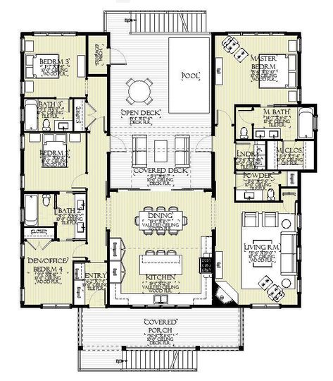 no_squall_cottage_1st U Shaped House Plans, U Shaped Houses, Coastal House Plans, Courtyard House Plans, Beach House Plans, Casas The Sims 4, Sims House Plans, Home Design Floor Plans, Casa Patio