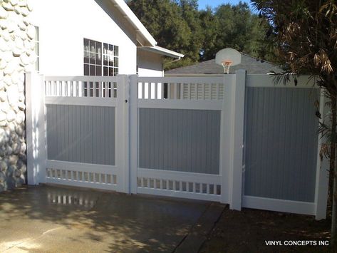 FENCING AND GATES - American Traditional - Exterior - Los Angeles - by Vinyl Concepts Inc Grey Fences, Fencing And Gates, Privacy Gate, Colour Home, Home Gate, Vinyl Gates, White Vinyl Fence, Front Yard Decor, Fence Gate Design