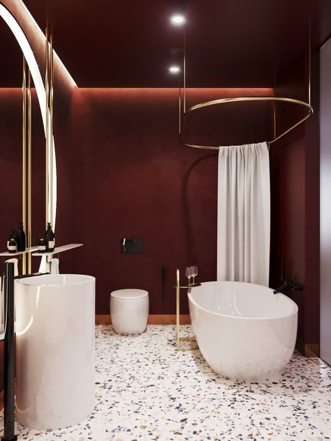 Burgundy Bathroom, Bilik Air, Bathroom Red, Home Luxury, Contemporary Bathrooms, Bathroom Layout, Minimalist Bathroom, Elegant Bathroom, Bath Room