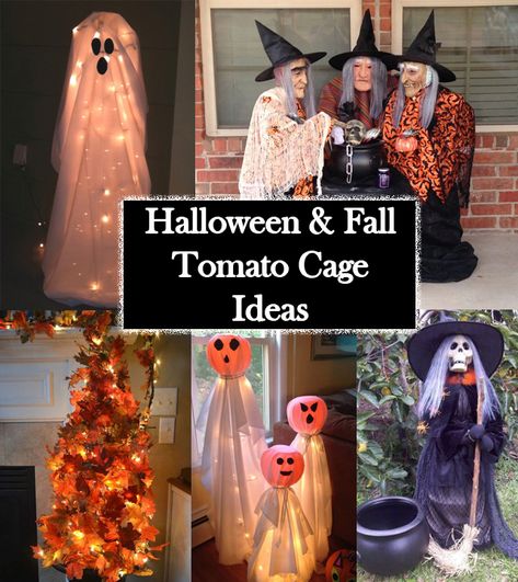 Halloween and fall tomato cage ideas  #halloween #tomatocages Tomato Cage Ideas, Tomato Cage Crafts, Halloween Diy Outdoor, Halloween And Fall, Halloween Garden, Tomato Cages, Homemade Halloween, Halloween Porch, Halloween Yard