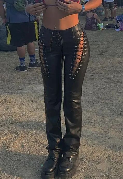 High Waisted Black Leather Pants, Leather Tie Pants Outfit, Tie Up Leather Pants, Red Lace Up Pants, Leather Cut Out Pants, String Leather Pants, Leather Pants With Strings Outfit, Black Lace Up Pants, Pink Lace Up Pants