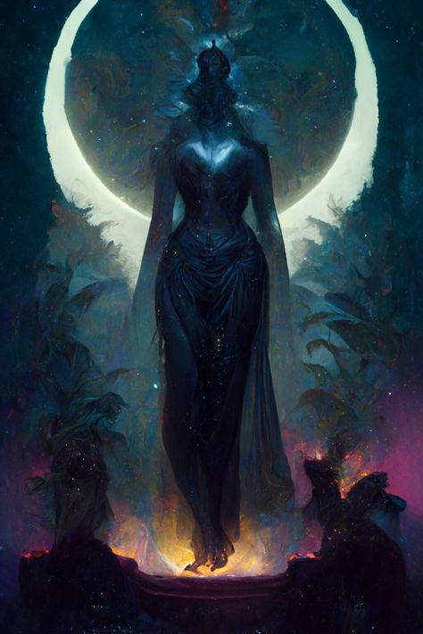 Goddess Of Night Art, Shadow Goddess Fantasy Art, Moon Lady Art, Moon Deity Art, Shadow Goddess Art, Moon Queen Art, Universe Goddess Art, Goddess Of Nightmares, Alien Goddess Art