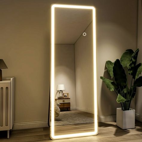 BEAUTYPEAK LED Rectangle Full Length Mirror 64" x 21" Standing Floor Mirror with Safe Corners,White Standing Floor Mirror, Mirror Standing, Bedroom Dressing Room, Full Mirror, Bedroom Dressing, Light Frame, Arched Mirror, Feather Wall, Dressing Mirror