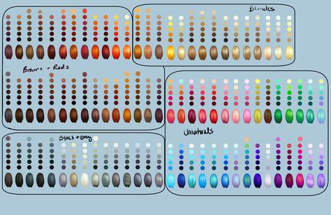 Mega Hair Palette Pack by Lree on DeviantArt Eye Colour Palette Digital Art, Eye Palette Digital Art, Natural Hair Color Palette, Procreate Hair Color Palette, Black Hair Color Palette Digital Art, Hair Colors Drawing, Colour Palette Hair, Hair Colour Palette, Hair Color Palette