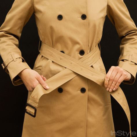 How to Tie a Trench Coat—Front and Back from InStyle.com How To Tie Jacket Around Waist, How To Wear Trench Coat, Tie A Trench Coat Belt, Trench Coat Outfit Winter, Trench Coat Outfit Spring, Yogi Style, Trench Coat Belt, Apple Crafts, Fashion Infographic