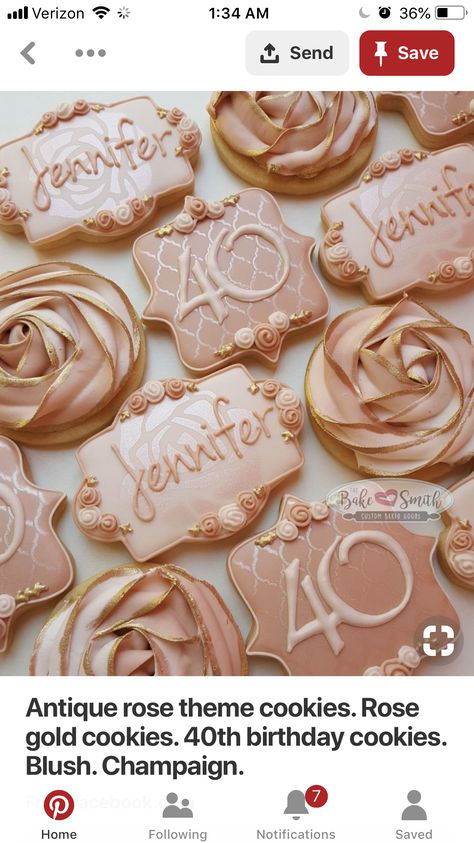 40th Birthday Cookies Women Rose Gold, Rose Gold 40th Birthday Cookies, Rose Gold And Black Cookies, Rose Gold Birthday Cookies, Rose Gold Cookies Decorated, 40th Birthday Cookies Women, Rose Gold Cookies, Sweet 16 Food Ideas, 60th Birthday Ideas For Women