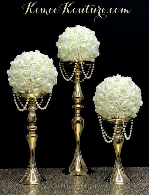 IVORY Flower Ball With IVORY DRAPING PEARLS. PICK ROSE COLOR. PICK IVORY Or WHITE DRAPING PEARLS. 10 INCH Flower Ball Pictured with IVORY DRAPING PEARLS. GOLD STANDS SOLD SEPARATELY. Ivory Wedding Centerpiece. Ivory Wedding Decor. Bridal Shower. Baby Shower. Sweet 16. Quinceanera. Birthday Party. Ivory Wedding Decor, Mickey Wedding, Gold Wedding Centerpieces, Rustic Card Box Wedding, Birthday Flowers Bouquet, Disney Bridal Showers, Decorating Crafts, Gold Centerpieces, Flower Girl Bouquet