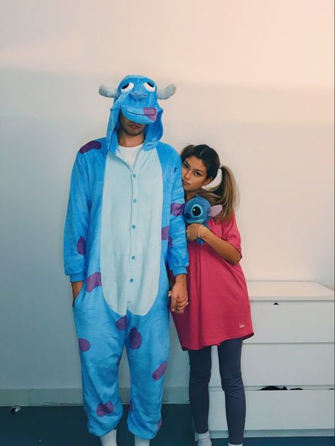 Couple Halloween Costumes Boo And Sully, Couples Halloween Costume Family Friendly, Vintage Couples Halloween Costumes, Coustomes Idea Halloween Couple, Cute Relationship Halloween Costumes, Silly And Boo Couples Costume, Couples Up Costume, Cute Halloween Outfits For Couples, Monsters Inc Costumes Couple