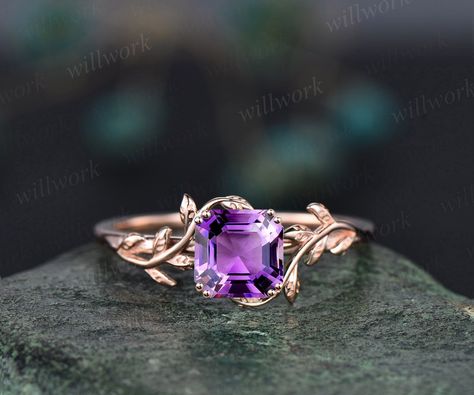 This ring is handmade by myself. The main stone is a 7mm Asscher cut natural purple Amethyst. The band width is about 1.4mm. The material is solid 14k gold(white,yellow,rose gold is also available) Ring size can be choose from the selection box. Matching band available: https://www.etsy.com/shop/willwork?section_id=20674906 This jewelry can also be made in solid 10k,14k,18k gold,with real diamonds.Contact me! Need rush order? contact me! Need custom making order? Contact me! I have confidence on Ethereal Jewelry, Jewelry Photography Styling, Amethyst Ring Engagement, Purple Gems, Cute Engagement Rings, Wedding Anniversary Rings, Solid Gold Jewelry, Bling Rings, Rose Gold Engagement Ring