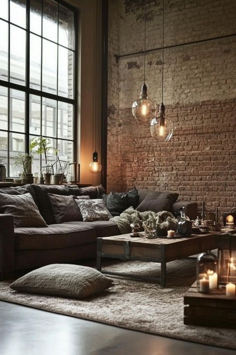 Exposed Brick Walls Living Room, Living Room With Exposed Brick, Exposed Brick Living Room, Metal Coffee Tables, Brick Wall Living Room, Industrial Living Room Design, Brick Living Room, Industrial Living Room, Industrial Living