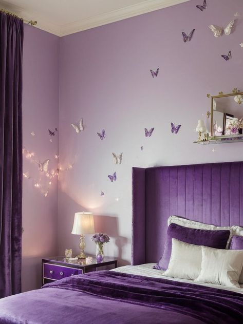 Create a dreamy bedroom aesthetic by incorporating purple hues through butterfly wall decals and a statement purple velvet throw blanket. Complete the look with a vintage-inspired vanity table and soft fairy lights for a touch of whimsy. Purple Butterfly Bedroom, Light Purple Walls Bedroom, Purple Wall Bedroom, Light Purple Bedroom, Purple Room Design, Lilac Room, Long Table Centerpieces, Purple Bedroom Ideas, Warm Home Aesthetic