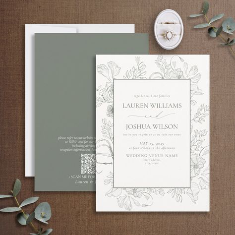 Line Art Wedding, Vintage Line Art, Floral Line Art, Sage Green Floral, Sage Wedding, Sage Green Wedding, Green Wedding Invitations, Ivory Roses, Wedding Prints