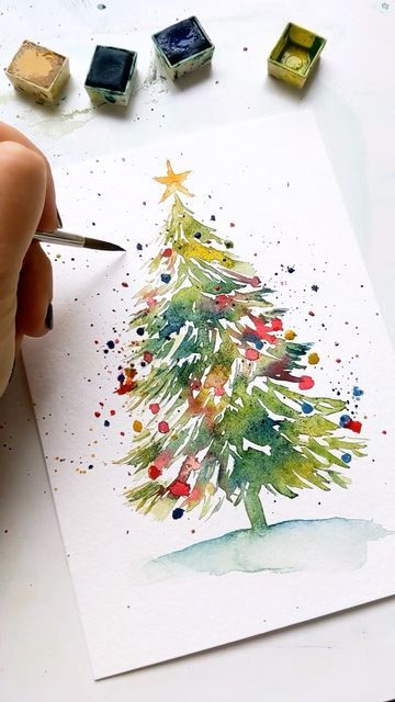 Watercolor Christmas Cards Diy, Painted Christmas Cards, Christmas History, Watercolor Christmas Tree, Learn Watercolor, Christmas Card Art, Homemade Christmas Cards, Watercolor Christmas Cards, Instagram Gift