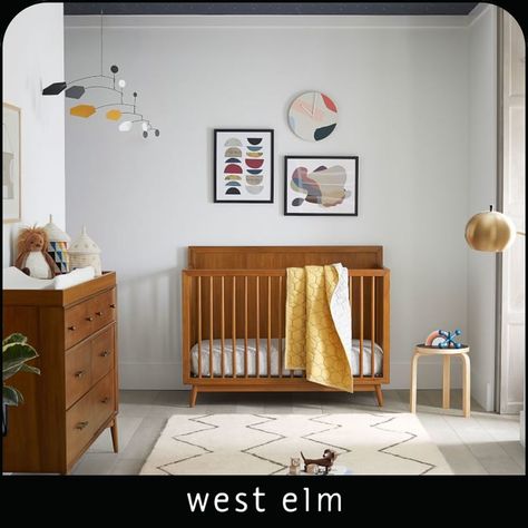 Mid Century Modern Nursery, Mid Century Nursery, Eclectic Nursery, West Elm Kids, Nursery Room Design, Nursery Room Inspiration, Nursery Baby Room, Convertible Crib, Gender Neutral Nursery