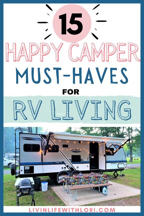 Happy Camper must-haves for the campground. travel trailer set up at the campsite. Camper Must Haves, Rv Camping Checklist, Camper Accessories, Rv Camping Tips, Camper Organization, Camping Must Haves, Camper Hacks, Travel Trailer Camping, Small Campers