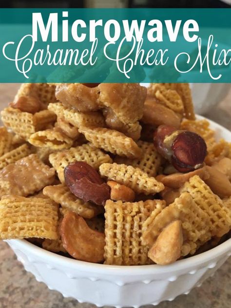 Caramel Chex Mix Recipes, Caramel Snack Mix, Caramel Chex Mix, Caramel Chex, Best Party Snacks, Sweet Chex Mix, Microwave Caramels, Kids Party Snacks, Appetizers For Kids