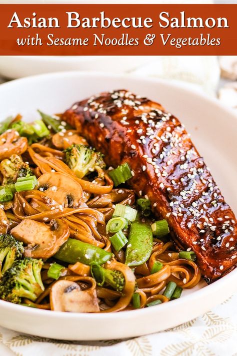 Sesame Rice Noodles, Barbecue Salmon, Salmon Salad Recipe, Sesame Rice, Salmon Noodles, Grilled Salmon Salad, Noodles Vegetables, Sesame Noodles, Pescatarian Recipes