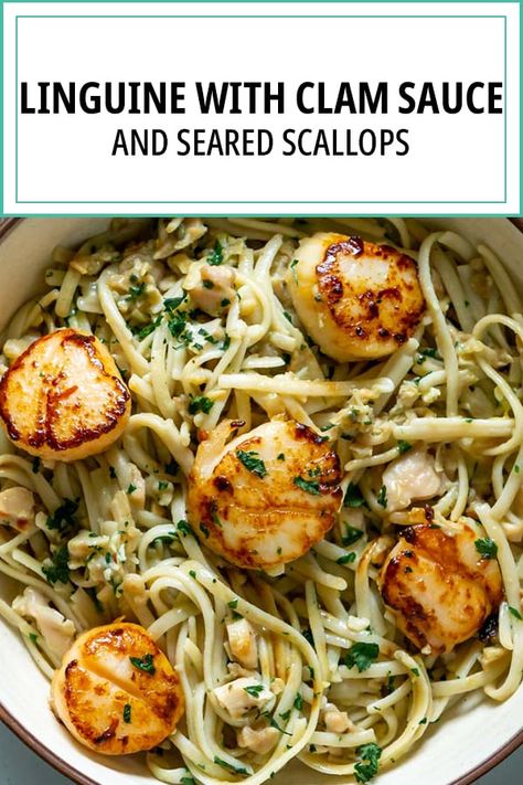 Easy Linguine With Clam Sauce And Seared Scallops - JZ Eats Canned Clam Recipes, Linguini With Clam, Linguini With Clam Sauce, Easy To Make Pasta, Clam Sauce Recipe, Linguine And Clams, Clam Sauce Linguine, Clam Pasta, Scallop Pasta