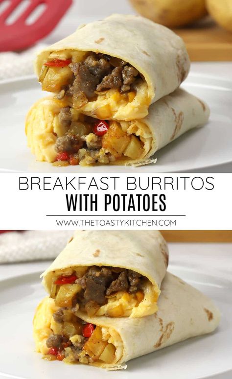 Breakfast burritos with potatoes recipe by The Toasty Kitchen. Breakfast burritos with potatoes are an easy, delicious, and filling way to start your day. This recipe combines oven roasted country potatoes with scrambled eggs, sausage, and cheese in a soft tortilla. #breakfastburritos #breakfastburritowithpotatoes #breakfastpotatoes #breakfast #freezerfriendly #mealprep Breakfast Burritos With Potatoes, Sausage Peppers Onions, Easy Breakfast Burritos, Freezer Breakfast Burritos, Breakfast Burritos Frozen, Easy Homemade Salsa, Sausage Peppers, Breakfast Burritos Recipe, Prep Breakfast