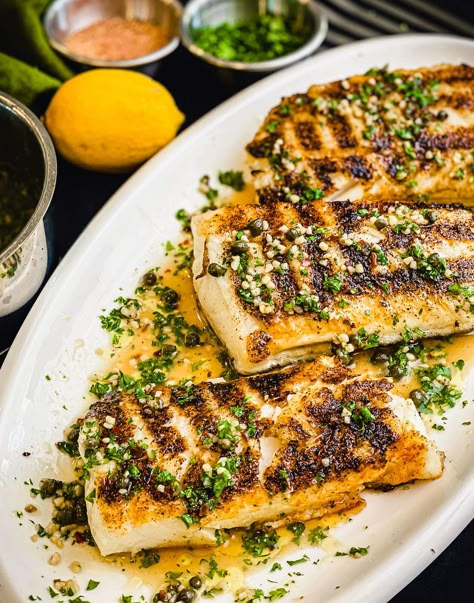 Asian Sea Bass Recipes, Sea Bass Grilled Recipes, Seabass Recipe Grilled, Best Chilean Sea Bass Recipe, Grilled Seabass Recipe, Striped Bass Recipes, Smoked Sea Bass Recipes, Chilean Sea Bass Recipe Grilled, Sea Bass Marinade