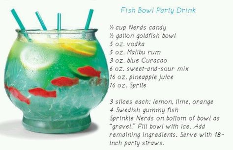 Fish bowl drink-  Jill Julie and Janelle Alcoholic Drinks For A Party, Cocktail Recipes Vodka, Drinks For A Party, Fishbowl Drink, Gummy Fish, Cherry Vodka, Moscato Wine, Special Drinks, Specialty Drinks