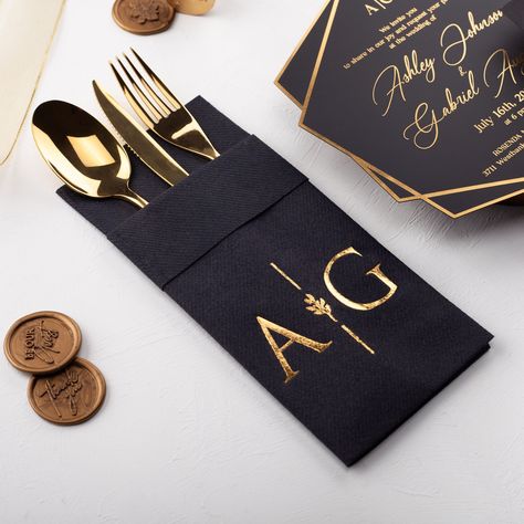 Our personalized black napkins are the perfect addition to any event, including weddings, birthdays, baby showers, bridal showers, sweet 16s, and quinceañeras. These custom napkins are crafted to mimic textile-like, linen-like, and cloth-like textures, giving your table settings a sophisticated and premium feel. Add a personalized touch with monograms, names, or special designs to make your occasion truly stand out. Available in styles such as pocket type and printed options, these napkins are b Black Napkin Table Setting, Black And Gold Dinner Table Setting, Square Plates Table Setting, Walimah Ideas, Wedding Table Decorations Black, Elegant Dinner Party Decorations, Black And Gold Gala, Black And Gold Wedding Decorations, Black And Gold Table Setting