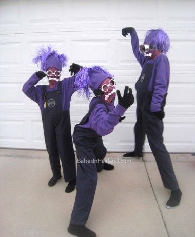 Evil Purple Minion Costume from BabesInHairland.com #halloween #costumes #minion #despicableme Purple Minions Costume, Evil Minion Costume Diy, Purple Minion Costume Diy, Purple Costume Ideas, Purple Minion Halloween Costume, Evil Minion Costume, Costumes Minion, Minions Halloween Costume, Purple Minion Costume