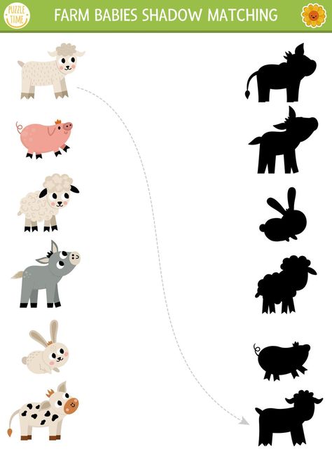 Farm shadow matching activity with baby animals. Country village puzzle with cute calf, piglet, lamb, kid goat. Find correct silhouette printable worksheet or game. On the farm page for kids Farm Animals Games, Abc Games For Kids, Cute Calf, Shadow Matching, Free Printable Puzzles, Farm Animal Crafts, Preschool Circle Time, Farm Preschool, Animal Printables