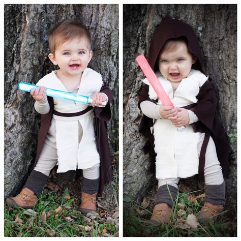 Baby Jedi costume DIY Star Wars baby Luke skywalker Obi wan Kanobi Diy Anakin Skywalker Costume, Family Star Wars Costumes With Baby, Anikan Skywalker Costume Diy, Baby Star Wars Costume, Diy Luke Skywalker Costume Kids, Jedi Costume Diy, Luke Skywalker Dagobah Costume, Luke Skywalker Costume, Funny Baby Costumes