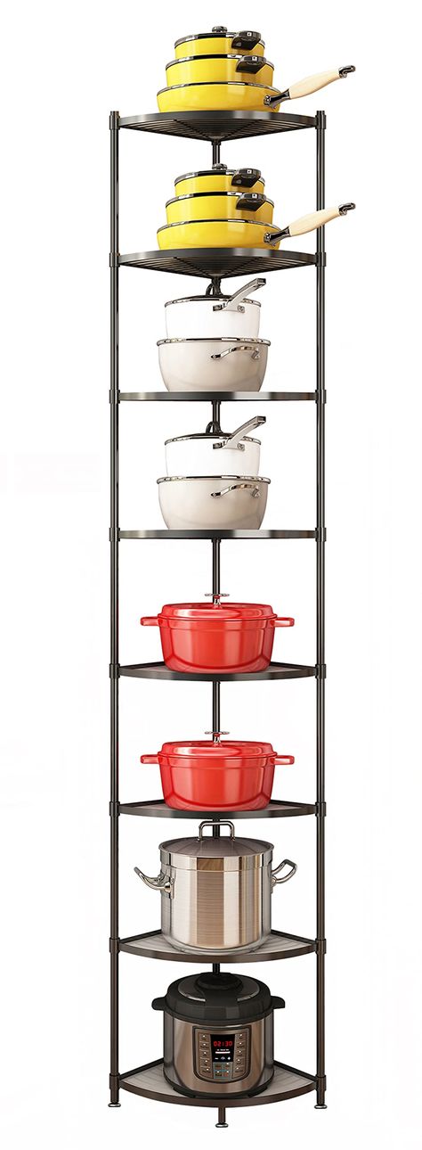 Corner Shelf Stand, Kitchen Pot Rack, Kitchen Appliances Organization, Kitchen Corner Shelves, Cookware Stand, Stainless Steel Shelves, Shelves For Kitchen, Corner Storage Shelves, Cookware Organization