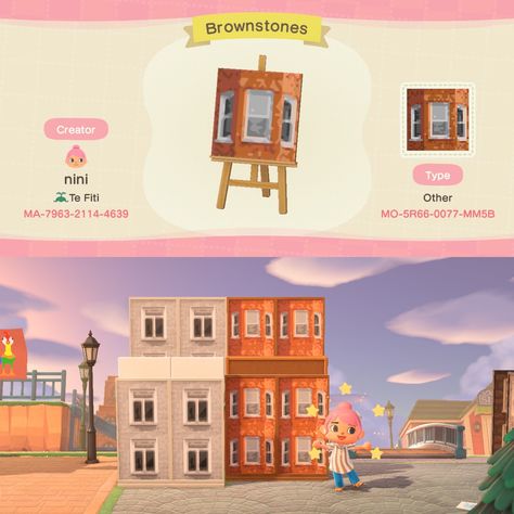 Brownstones/brick window custom design for Animal Crossing. Please tag me @nini.acnh on Instagram if you do use this design! Brick Window, Brownstone House, Horizon City, Acnh Paths, Motif Acnl, House Pattern, Animal Crossing Guide, City Island, Acnh Designs