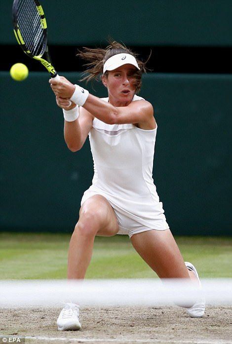 Konta returns a backhand during her quarter final clash against world number Simona Halep... Johanna Konta, Back From The Brink, Simona Halep, Bedroom Wall Collage, British Women, Semi Final, Wimbledon, Bedroom Wall, Wall Collage