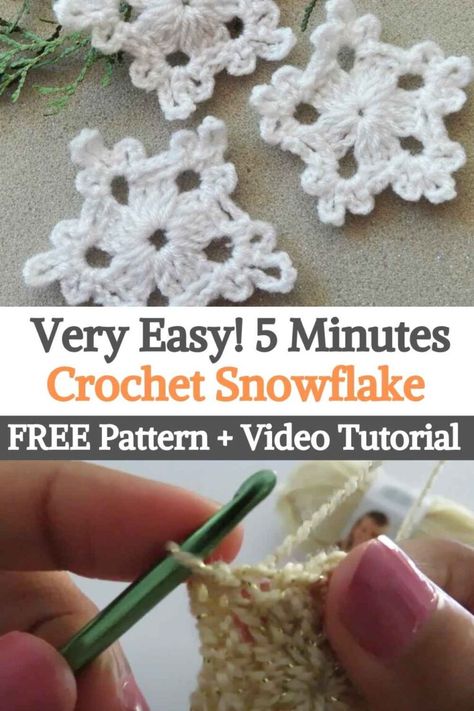 Very Easy! 5 Minutes Crochet Snowflake 5 Minute Crochet Snowflake, Quick And Easy Crochet Christmas Decorations, Easy Crochet Snowflakes For Beginners, Crochet Snowflake Video Tutorial, Crochet Snowflake Garland Free Patterns, Quick And Easy Crochet Christmas Ornaments, Quick Crochet Ornaments, Snowflake Crochet Pattern Free, Easy Crochet Ornaments