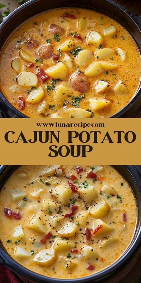 Warm up with this Creamy Cajun Potato Soup, packed with flavor and spice! This cozy dish is perfect for chilly nights and combines creamy potatoes with a kick of Cajun seasoning. It’s an easy-to-make, one-pot meal that’s ideal for family dinners or meal prep. Try it for a delicious and comforting soup with a hint of heat! Save this recipe now! 👉 #CajunPotatoSoup #ComfortFood #SoupSeason #SpicyRecipes #OnePotMeals #PotatoSoup #FallRecipes #FamilyMeals 🍲🥄 Quick Homemade Soup Recipes, Cajun Spices Recipe, Vegetarian Soup With Potatoes, Good Easy Soup Recipes, Side Dish Soups, Cajon Food Recipes, Creamy Cajun Potato Soup, Cajun Potato Soup Recipe, Crawfish Potato Soup