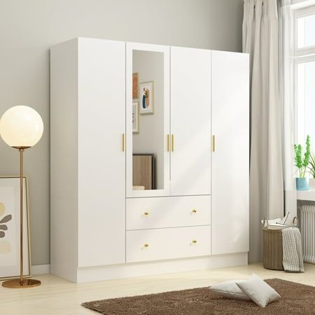 This 4-door wardrobe with mirror and 2 drawers is the perfect storage solution for your clothes, accessories, and other items. Its elegant style, combining white board with golden handle, will match any home decor, while the ample storage compartments and drawers provide plenty of space for all your belongings. Made of durable engineered MDF board, this wardrobe is strong and sturdy, and the mirror on the door adds convenience to your daily routine. With versatile design, this armoire fits well Small Room Wardrobe Ideas, White Wardrobe Bedroom, Cabinets For Small Bedrooms, Almirah Designs Bedrooms, Small Wardrobe Design, Closet Storage Cabinets, Large Storage Cabinet, Wardrobe With Mirror, Armoire With Mirror