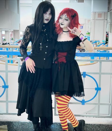 misery and ruby gloom for comic con this year 🖤💜🧡❤️ Matching Character Costumes, Colombia Rocky Horror Costume, Misery Halloween Costume, Misery From Ruby Gloom, Iris Ruby Gloom Costume, Ruby Gloom And Skull Boy Costume, Emily The Strange Halloween Costume, Ruby And Misery, Halloween Thrift Costume